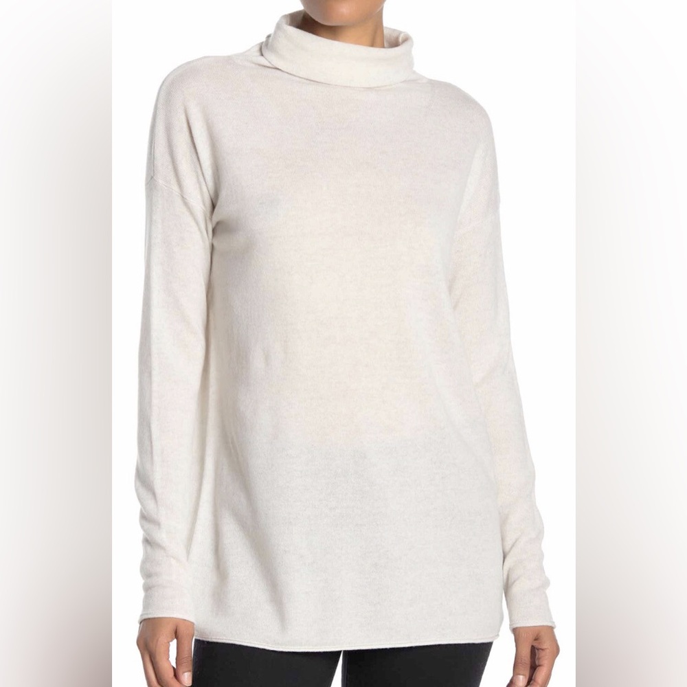 NEW Vince Wool Cashmere Heather White Turtleneck‎ Cowl Long Tunic Sweater L